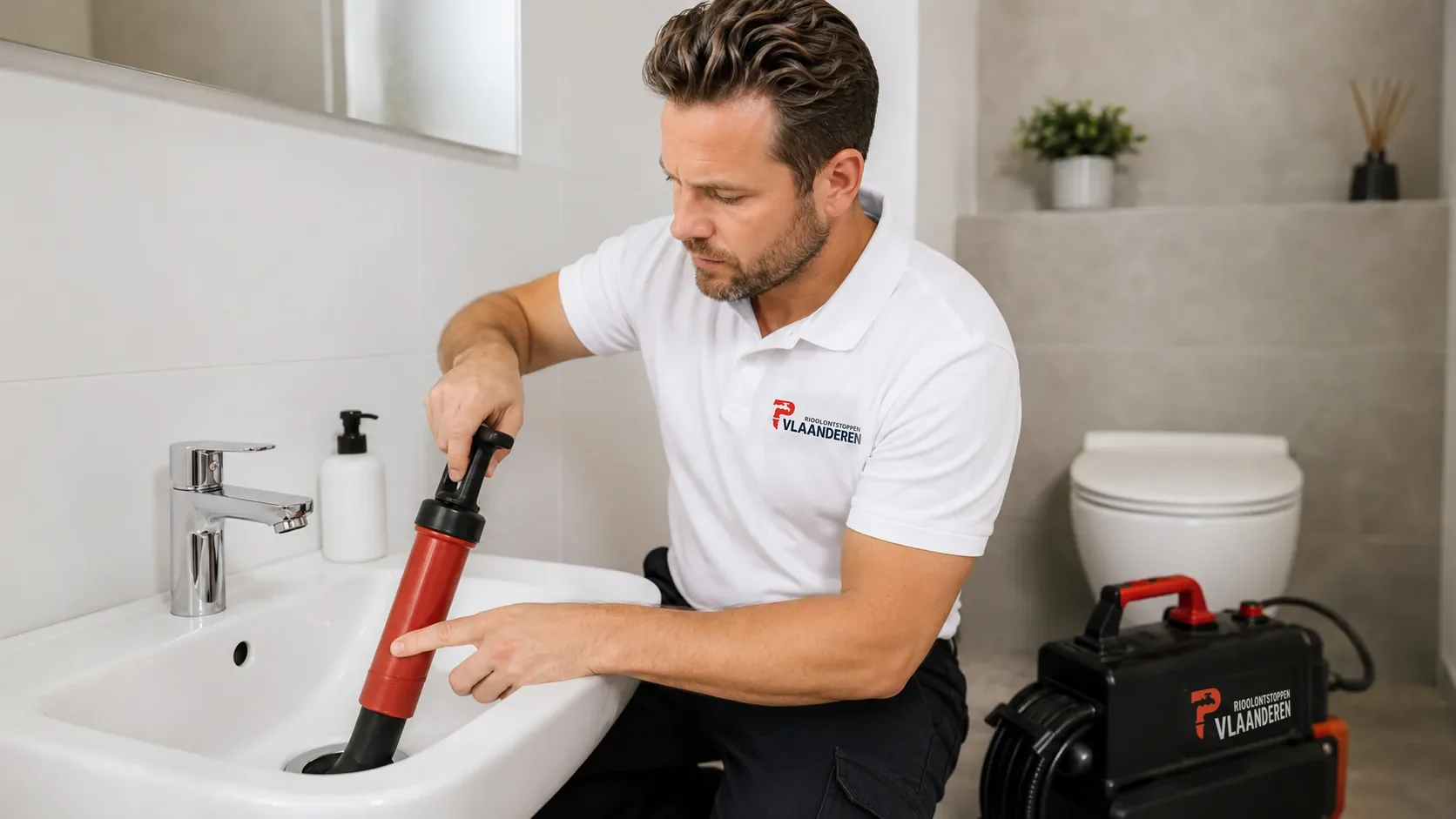 Onze technieker ontstopt een gootsteen met professioneel materiaal